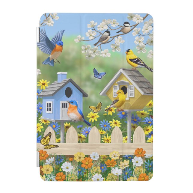 Bluebirds Goldfinches Birdhouses Flower Garden iPad Mini Cover (Front)