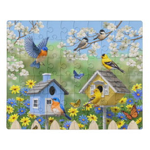 Bluebirds Goldfinches Birdhouses Flower Garden Jigsaw Puzzle
