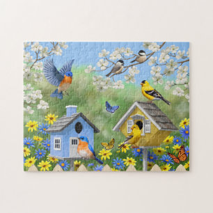 Bluebirds Goldfinches Birdhouses Flower Garden Jigsaw Puzzle