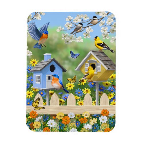 Bluebirds Goldfinches Birdhouses Flower Garden Magnet