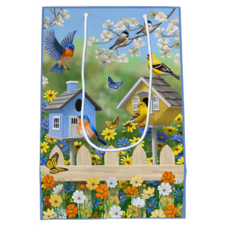 Bluebirds Goldfinches Birdhouses Flower Garden Medium Gift Bag