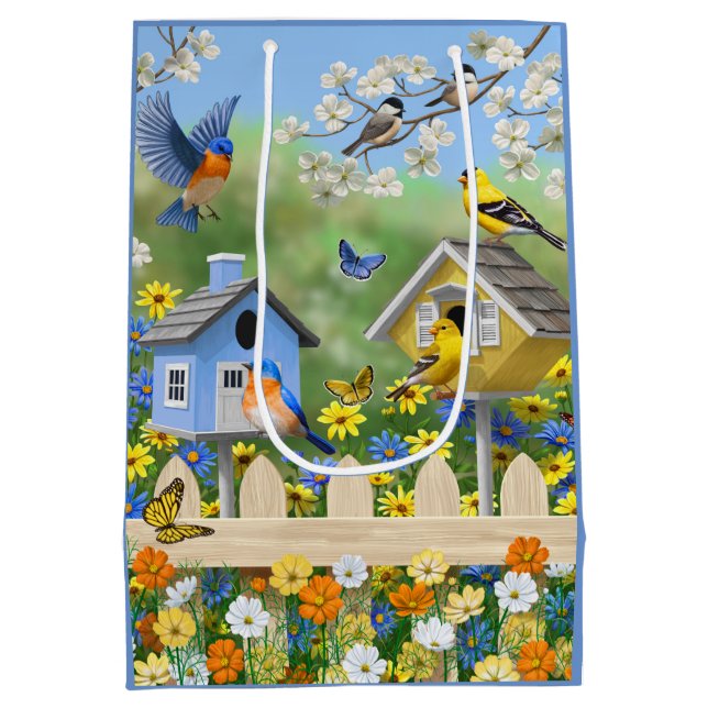 Bluebirds Goldfinches Birdhouses Flower Garden Medium Gift Bag (Back)