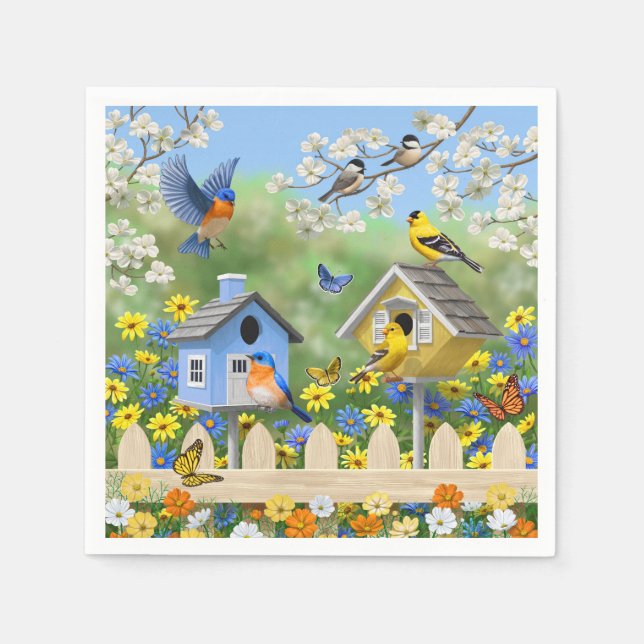 Bluebirds Goldfinches Birdhouses Flower Garden Napkins (Front)