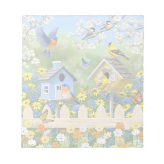 Bluebirds Goldfinches Birdhouses Flower Garden Notepad