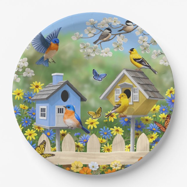 Bluebirds Goldfinches Birdhouses Flower Garden Paper Plates (Front)