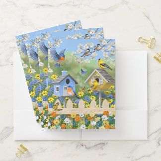 Bluebirds Goldfinches Birdhouses Flower Garden Pocket Folder