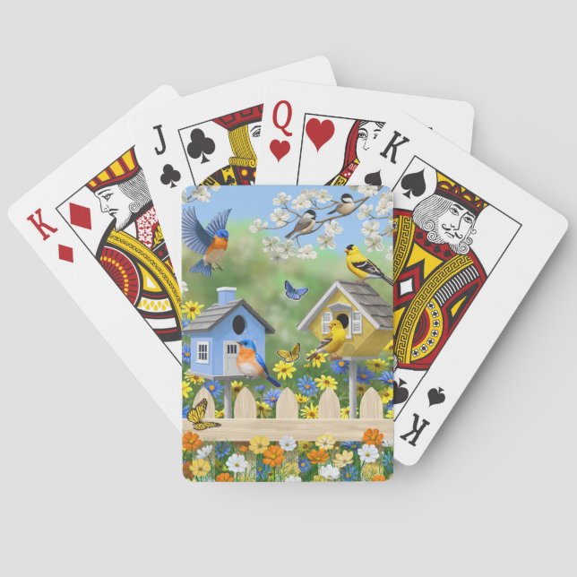 Bluebirds Goldfinches Birdhouses Flower Garden Poker Cards (Back)