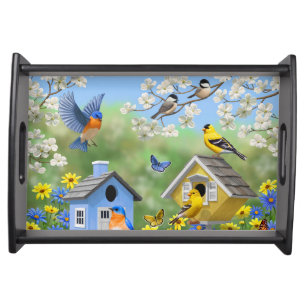 Bluebirds Goldfinches Birdhouses Flower Garden Serving Tray
