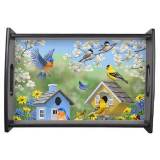 Bluebirds Goldfinches Birdhouses Flower Garden Serving Tray