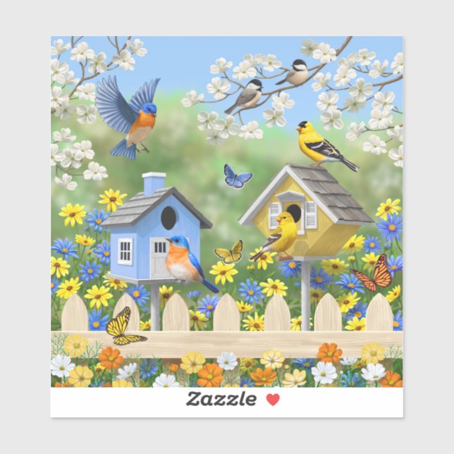 Bluebirds Goldfinches Birdhouses Flower Garden Sticker (Sheet)