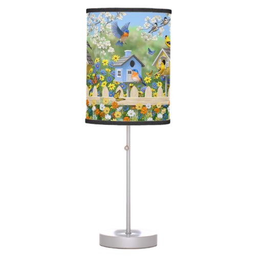 Bluebirds Goldfinches Birdhouses Flower Garden Table Lamp