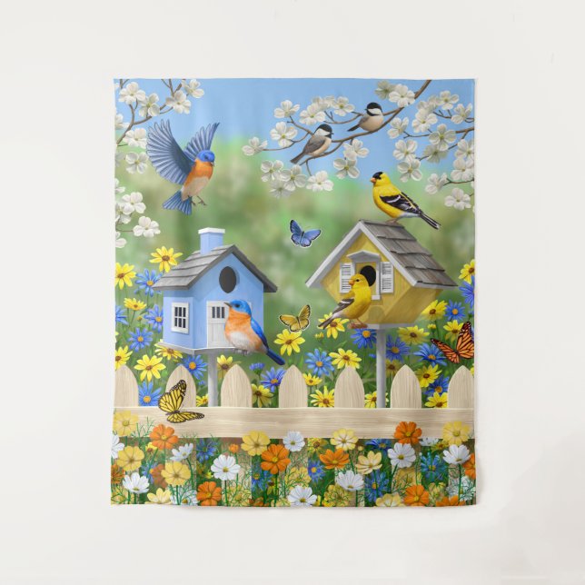 Bluebirds Goldfinches Birdhouses Flower Garden Tapestry (Front)