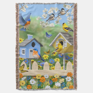 Bluebirds Goldfinches Birdhouses Flower Garden Throw Blanket