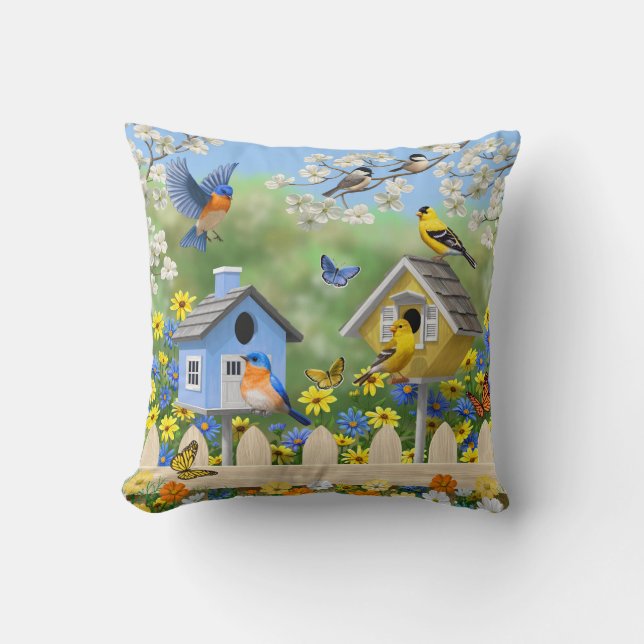 Bluebirds Goldfinches Birdhouses Flower Garden Throw Pillow (Front)