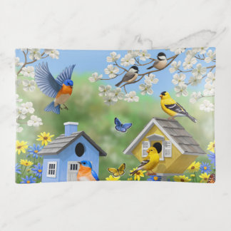 Bluebirds Goldfinches Birdhouses Flower Garden Trinket Tray