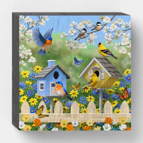 Bluebirds Goldfinches Birdhouses Flower Garden Wooden Box Sign