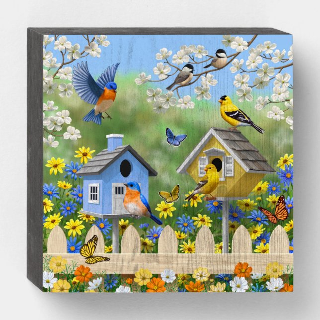 Bluebirds Goldfinches Birdhouses Flower Garden Wooden Box Sign (Front Horizontal)