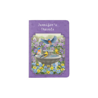 Bluebirds Goldfinches Flower Garden Bath Purple Passport Holder
