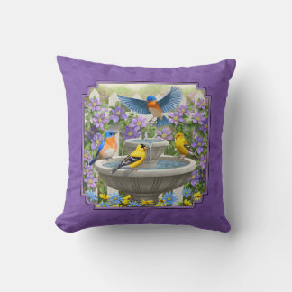 Bluebirds Goldfinches Flower Garden Bath Purple Throw Pillow