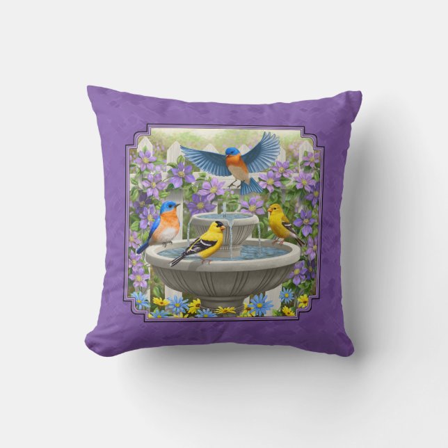 Bluebirds Goldfinches Flower Garden Bath Purple Throw Pillow (Front)