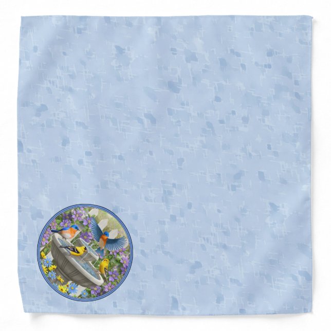 Bluebirds Goldfinches Flower Garden Fountain Blue Bandana (Front)