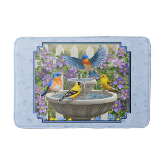 Bluebirds Goldfinches Flower Garden Fountain Blue Bathroom Mat