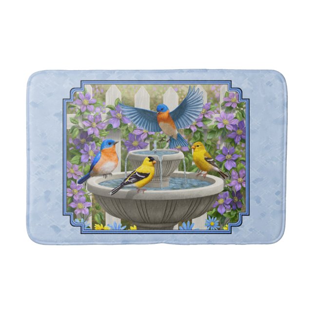 Bluebirds Goldfinches Flower Garden Fountain Blue Bathroom Mat (Front)