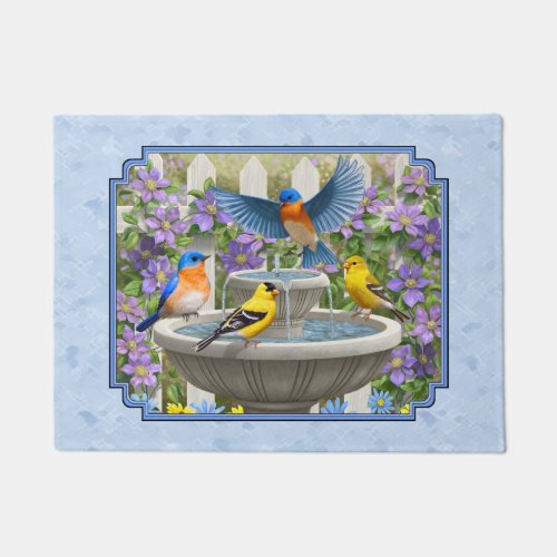 Bluebirds Goldfinches Flower Garden Fountain Blue Doormat