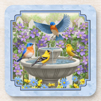 Bluebirds Goldfinches Flower Garden Fountain Blue Drink Coaster