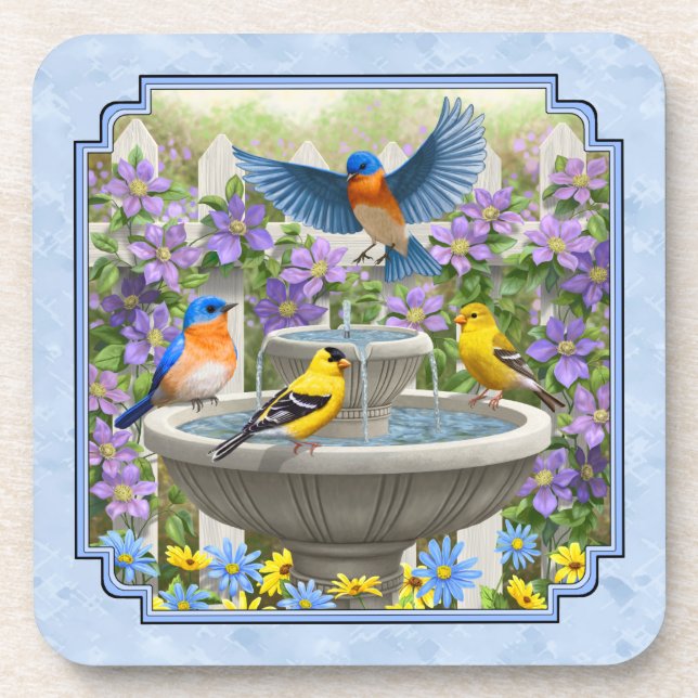 Bluebirds Goldfinches Flower Garden Fountain Blue Drink Coaster (Front)