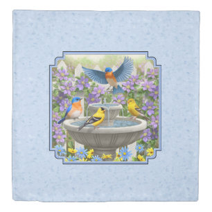 Bluebirds Goldfinches Flower Garden Fountain Blue Duvet Cover