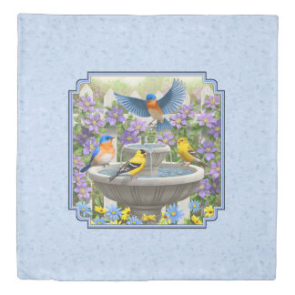 Bluebirds Goldfinches Flower Garden Fountain Blue Duvet Cover