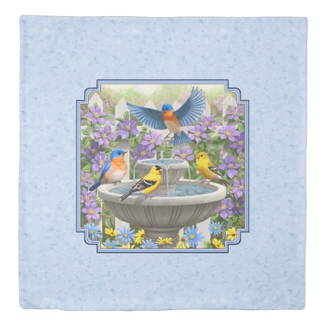 Bluebirds Goldfinches Flower Garden Fountain Blue Duvet Cover (Front)