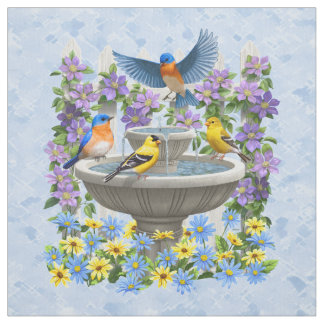 Bluebirds Goldfinches Flower Garden Fountain Blue Fabric
