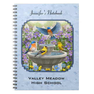 Bluebirds Goldfinches Flower Garden Fountain Blue Notebook
