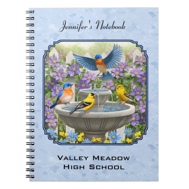 Bluebirds Goldfinches Flower Garden Fountain Blue Notebook (Front)