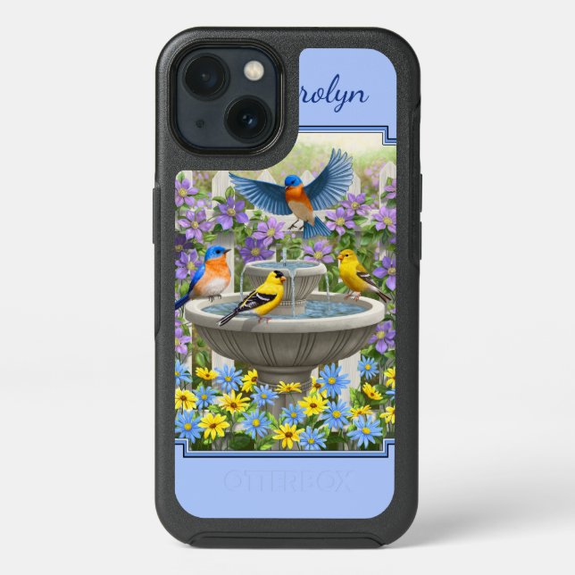 Bluebirds Goldfinches Flower Garden Fountain Blue Otterbox iPhone Case (Back)