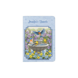 Bluebirds Goldfinches Flower Garden Fountain Blue Passport Holder