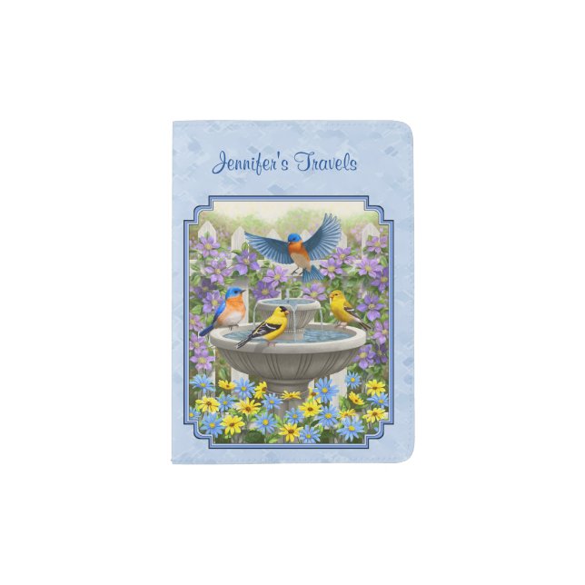 Bluebirds Goldfinches Flower Garden Fountain Blue Passport Holder (Front)
