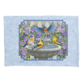 Bluebirds Goldfinches Flower Garden Fountain Blue Pillowcase