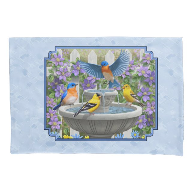 Bluebirds Goldfinches Flower Garden Fountain Blue Pillowcase (Front-Left)