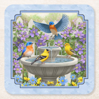 Bluebirds Goldfinches Flower Garden Fountain Blue Square Paper Coaster