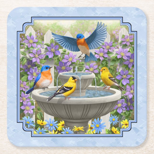 Bluebirds Goldfinches Flower Garden Fountain Blue Square Paper Coaster (Front)