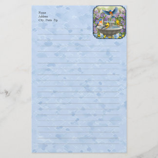 Bluebirds Goldfinches Flower Garden Fountain Blue Stationery