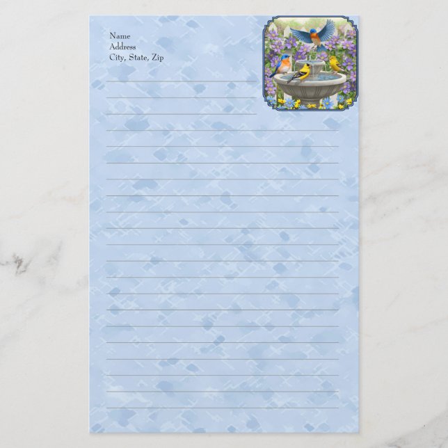 Bluebirds Goldfinches Flower Garden Fountain Blue Stationery (Front)