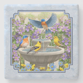 Bluebirds Goldfinches Flower Garden Fountain Blue Stone Coaster