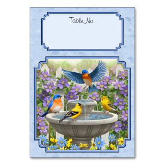 Bluebirds Goldfinches Flower Garden Fountain Blue Table Number
