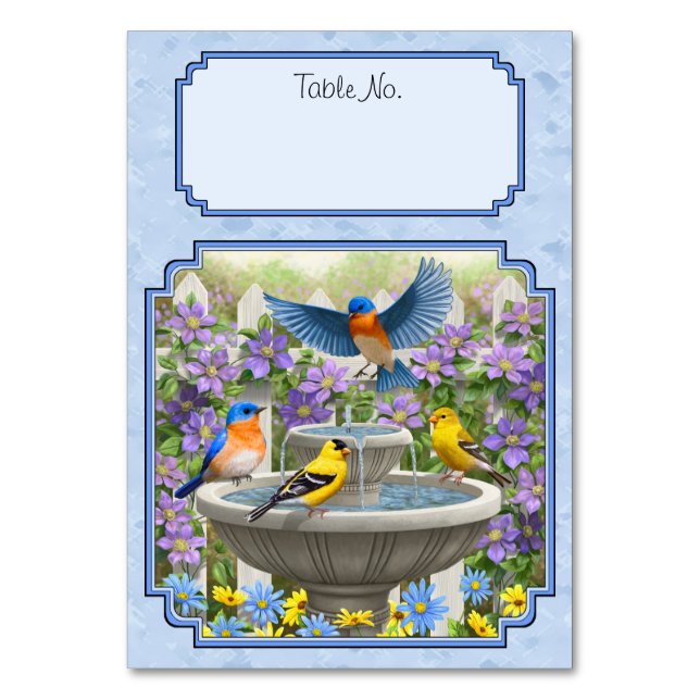 Bluebirds Goldfinches Flower Garden Fountain Blue Table Number (Front)