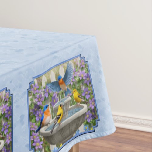 Bluebirds Goldfinches Flower Garden Fountain Blue Tablecloth