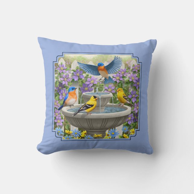 Bluebirds Goldfinches Flower Garden Fountain Blue Throw Pillow (Front)